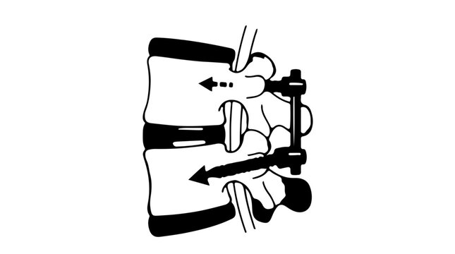 Orthopedic spinal fusion implant diagram showing vertebral column fixation vector.
