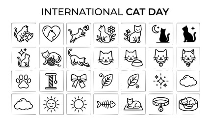Fototapeta premium International Cat Day Icons: Cute Feline Illustrations & Symbols Set