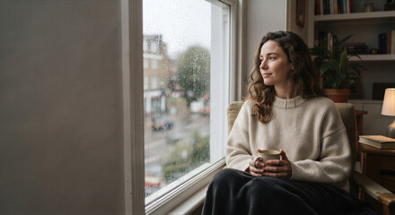 Fototapeta premium Woman Relaxing by Rainy Window with Coffee and Large Copy Space