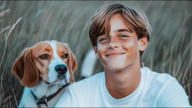 Boy sitting in grass with a dog on a sunny day in a field, both looking at the camera and enjoying the moment