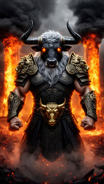 minotauro, criatura mitol&oacute;gica, mitolog&iacute;a griega, guerrero, monstruo, toro, hombre toro, guerrero fant&aacute;stico, fantas&iacute;a, fantas&iacute;a oscura, armadura, guerrero mitol&oacute;gico, criatura sobrenatural, fuego, in