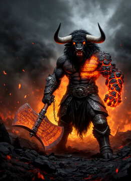 minotauro, criatura mitol&oacute;gica, mitolog&iacute;a griega, guerrero, monstruo, toro, hombre toro, guerrero fant&aacute;stico, fantas&iacute;a, fantas&iacute;a oscura, armadura, guerrero mitol&oacute;gico, criatura sobrenatural, fuego, in