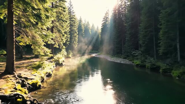 Sunlight streams through forest trees onto a tranquil river, casting god rays and illuminating morning mist, perfect for nature and travel themes