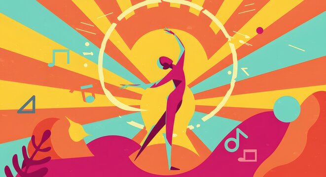 Colorful Abstract Digital Art of Dancing Woman Surrounded by Musical Notes and Vibrant Rays