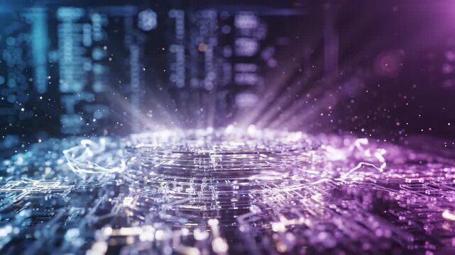 Abstract digital circuit board glowing with futuristic blue and purple light, data streams and particles emanating, representing technology and innovation