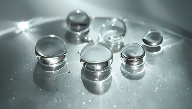 Macro photograph of pure plant-derived squalane oil droplets on frosted glass plate