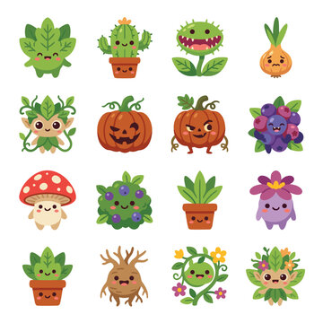 Cute plant monster characters icon set isolated on white background. Vector bundle of 16 adorable botanical creatures including venus flytrap, cactus, pumpkin, mushroom, mandrake root, berry, and leaf