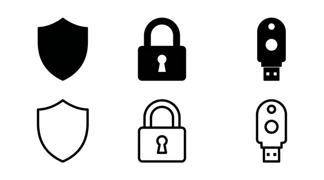 Security icons set with shield, lock, and usb drive