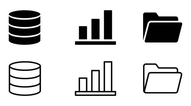 Database, chart and folder icon set flat design