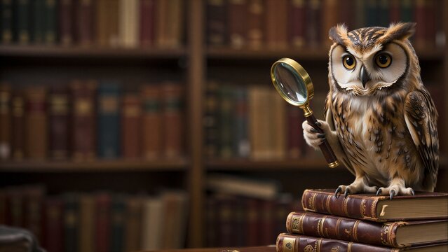 Curious owl holds magnifying glass atop books in library, symbolizing wisdom and discovery.