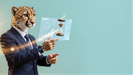Obraz premium A cheetah in a suit points at a holographic hourglass, symbolizing time management.