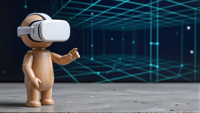 Wooden figure wears VR headset, gesturing toward digital grid background.