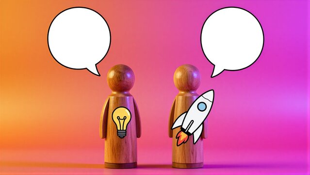 Two wooden figures discuss ideas and innovation against a vibrant gradient background.
