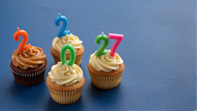 Four cupcakes with colorful candles spelling "2027" on a blue surface.