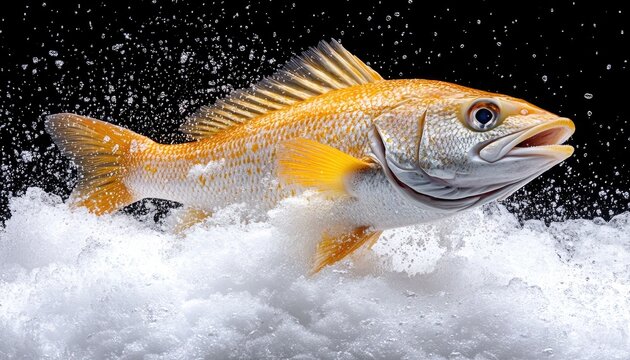 Golden fish floats within bubbly water against the dark background. Use this photo for aquatic, seafood, or other related designs.