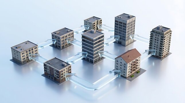 Conceptual 3d rendering showing a 1031 exchange investment strategy with interconnected buildings representing real estate asset portfolio diversification