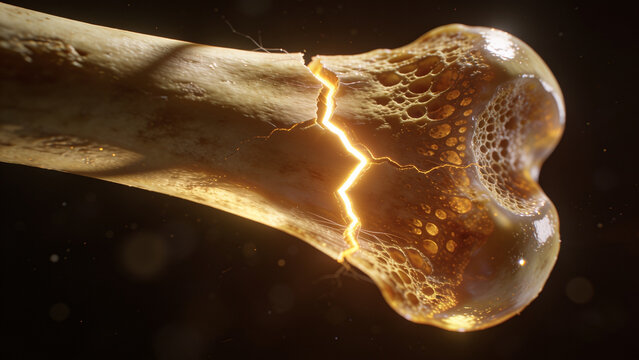 Detailed close-up of a human femur bone with a golden, glowing fracture under dramatic lighting