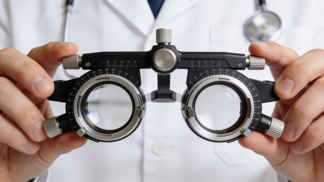 Male doctor holding phoropter for eye examination in clinical setting