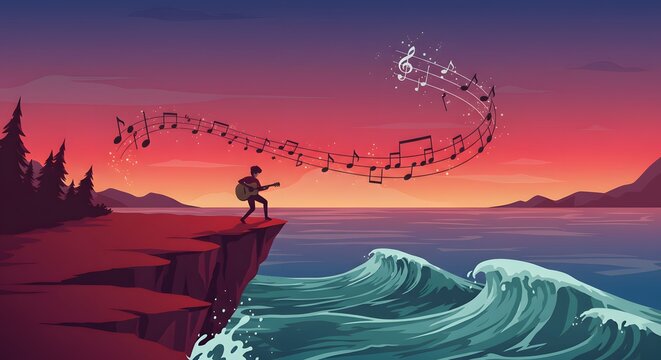 Person Playing Guitar on Cliff During Sunset with Musical Notes Floating in Air