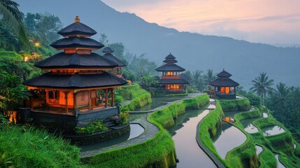 Obraz premium Beautiful pagodas nestled in lush green rice terraces at dawn in Bali. Ideal for travel blogs, cultural websites, or promoting spiritual destinations.