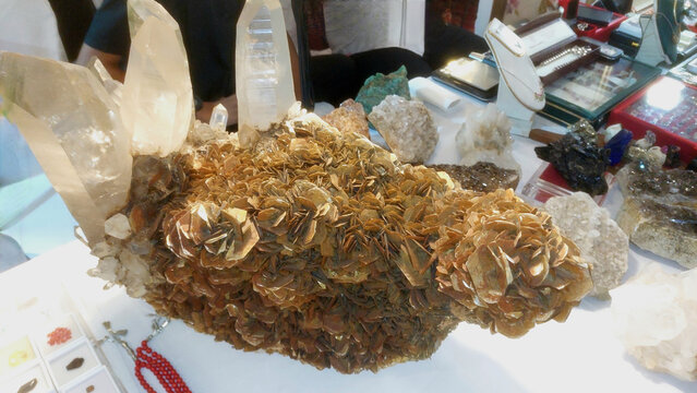 Large Clear Quartz Crystals On Golden Brown Bladed Mineral Specimen
