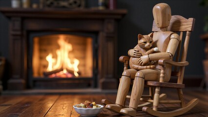 Fototapeta premium Wooden mannequin cradles cat in rocking chair by warm fireplace.