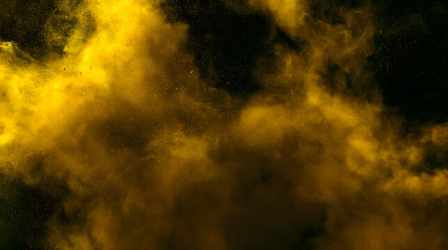 Illustration featuring modern realism with yellow smoke haze, a transparent smoky mist texture, toxic chemical smog, steam from a nightclub party, light haze, and a golden color dust overlay on a blac