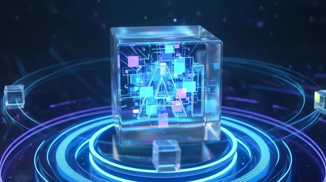AI glass cube transforming with digital data network