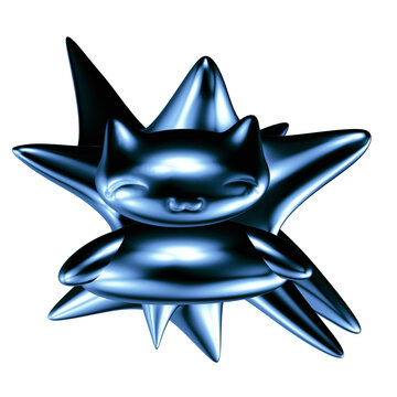 Cyber Y2K Chrome Cat 3D Sculpt Blue Metallic Spike Star Front View Symmetric