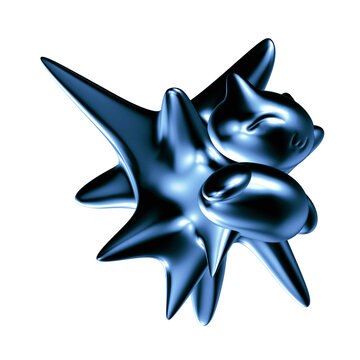 Cyber Y2K Chrome Cat 3D Sculpt Blue Metallic Spike Star Right Angle View