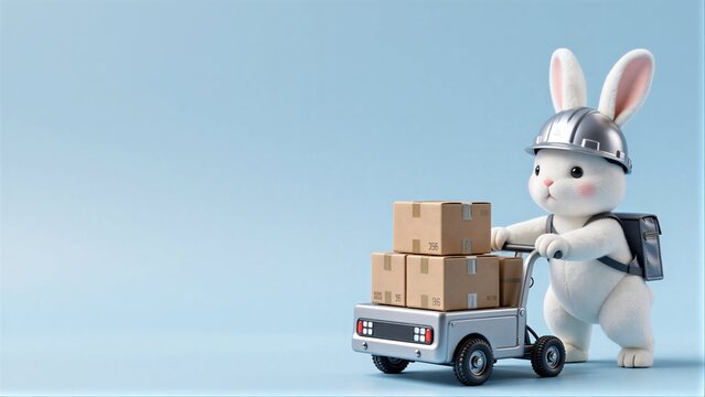 White bunny in helmet pushes cart with boxes, symbolizing delivery service.