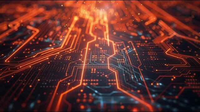 Bright lines and circuits on a dark background showing technology and digital patterns in a modern design