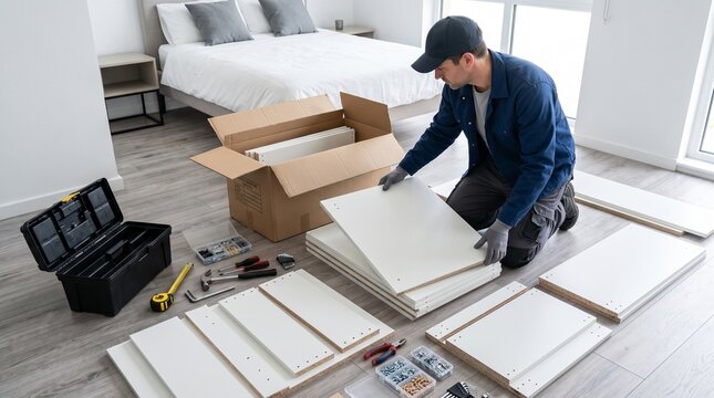 Professional worker assembling flat-pack furniture in a modern bedroom interior.