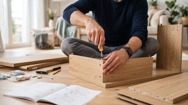 Man assembling wooden furniture with screwdriver in living room home improvement project