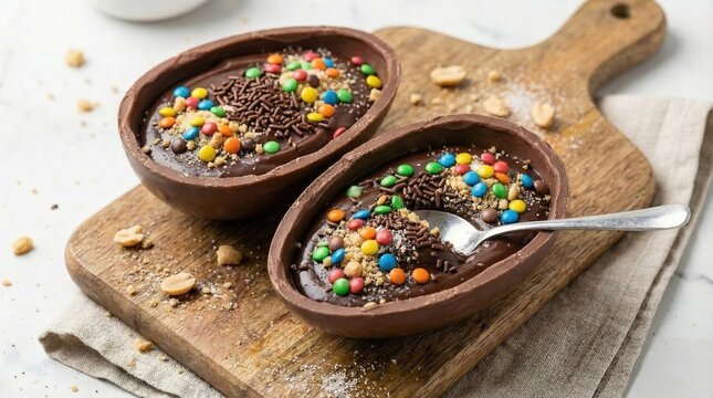 Delicious chocolate easter eggs filled with creamy filling and colorful candy sprinkles