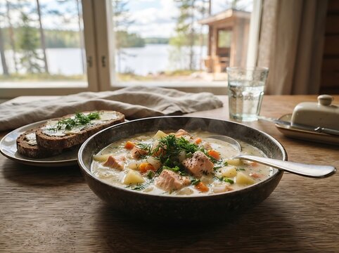 Hearty Homemade Creamy Salmon Soup with Fresh Herbs Served with Toasted Bread by a Scenic Lake View