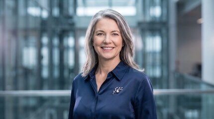 Fototapeta premium Confident senior woman executive smiling in modern glass office building lobby for female leadership and corporate professional representation
