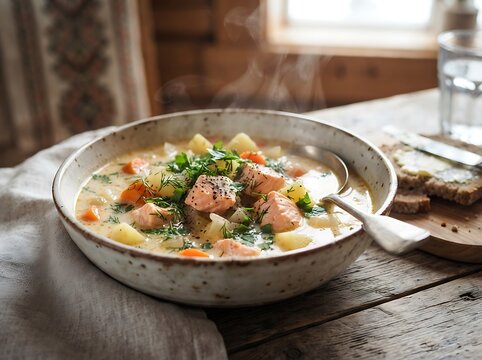 Hearty Homemade Creamy Salmon Soup with Fresh Vegetables Served in a Rustic Ceramic Bowl on a Wooden Table
