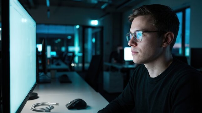 Software Developer Working Late at Night in Dark Office on Computer with Blue Monitor Glow for Cybersecurity and Coding Projects