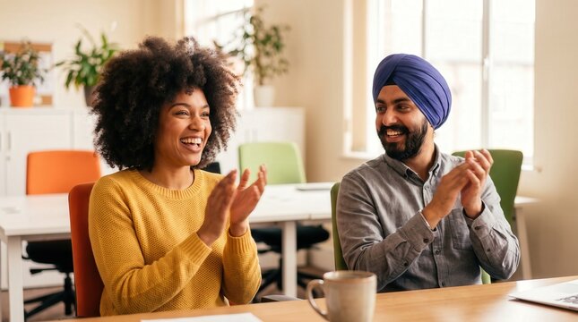 Diverse colleagues clapping and celebrating success in modern office setting representing inclusion and teamwork for corporate culture marketing