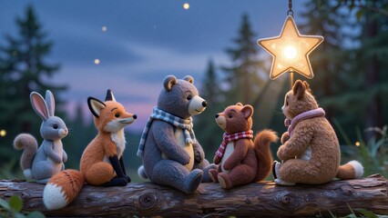 Naklejka premium Five stuffed forest friends gather on a log under a glowing star.