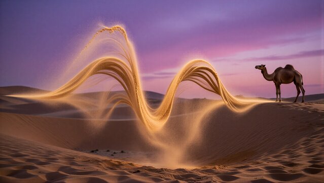 Camel stands beside swirling sand dunes under a purple twilight sky.