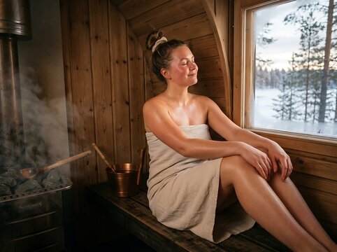Young woman enjoying a relaxing moment inside a traditional wooden sauna with a panoramic winter forest view