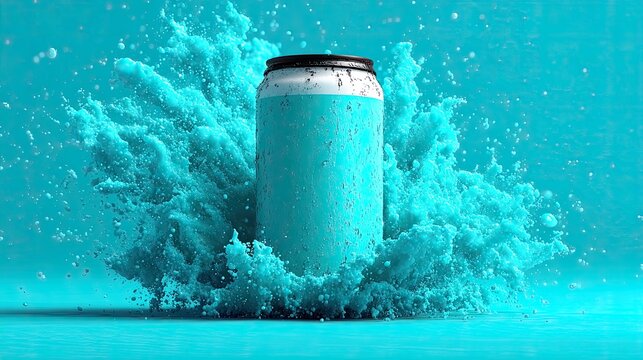 Teal can exploding in a turquoise splash
