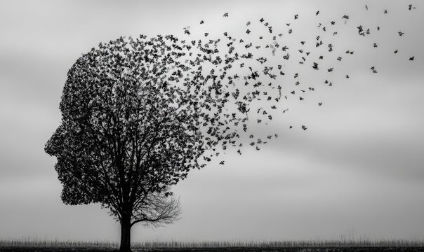 Silhouette head dissolving into leaves,  flying