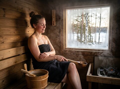 Woman Relaxing in a Traditional Wooden Sauna with Winter Forest View and Steam Rising from Hot Stones