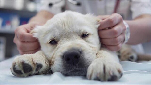 Dog receiving care at a veterinary clinic in a warm environment during a check-up