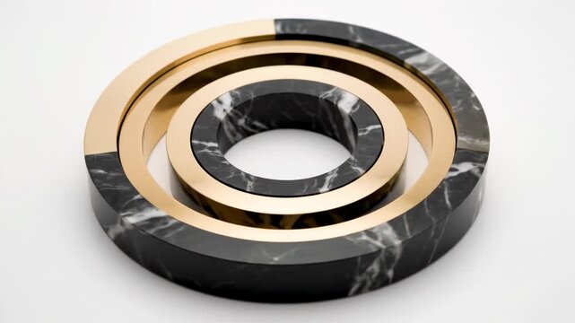 concentric circles sculpture in black marble and gold metal, abstract modern geometric design, luxury interior decor element