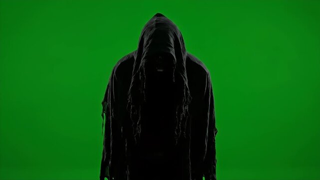 Grim reaper silhouette with hooded cloak standing against a green background
