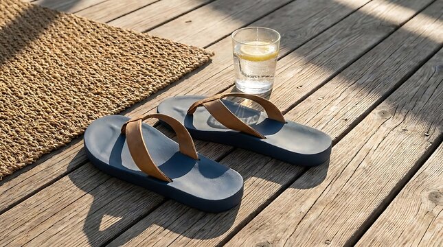 A pair of stylish blue and tan sandals on a wooden deck as a unique lifestyle prop for a celebration of national chocolate cake day in the summer sun